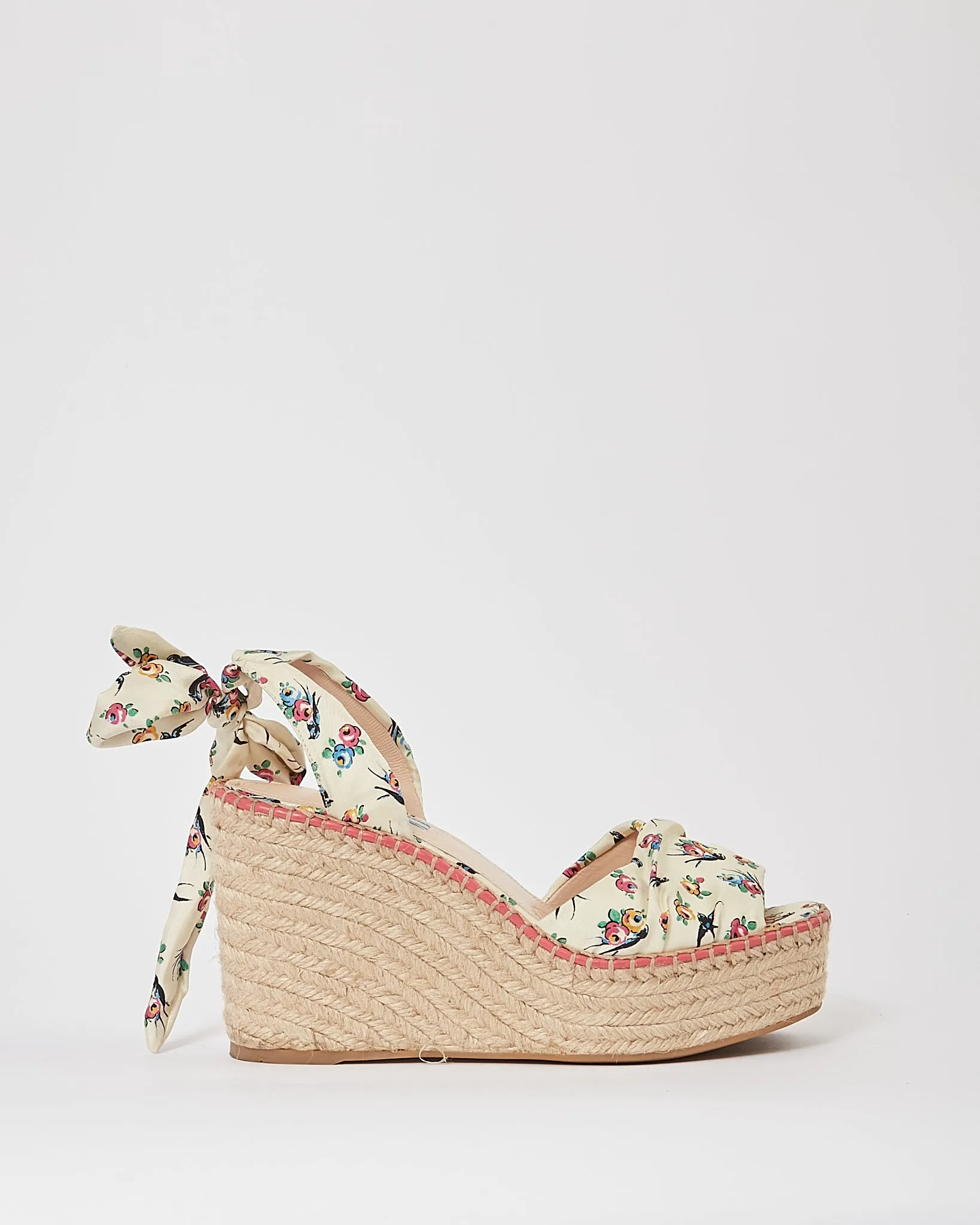 Prada Cream Floral Satin Espadrille Wedges - 39.5