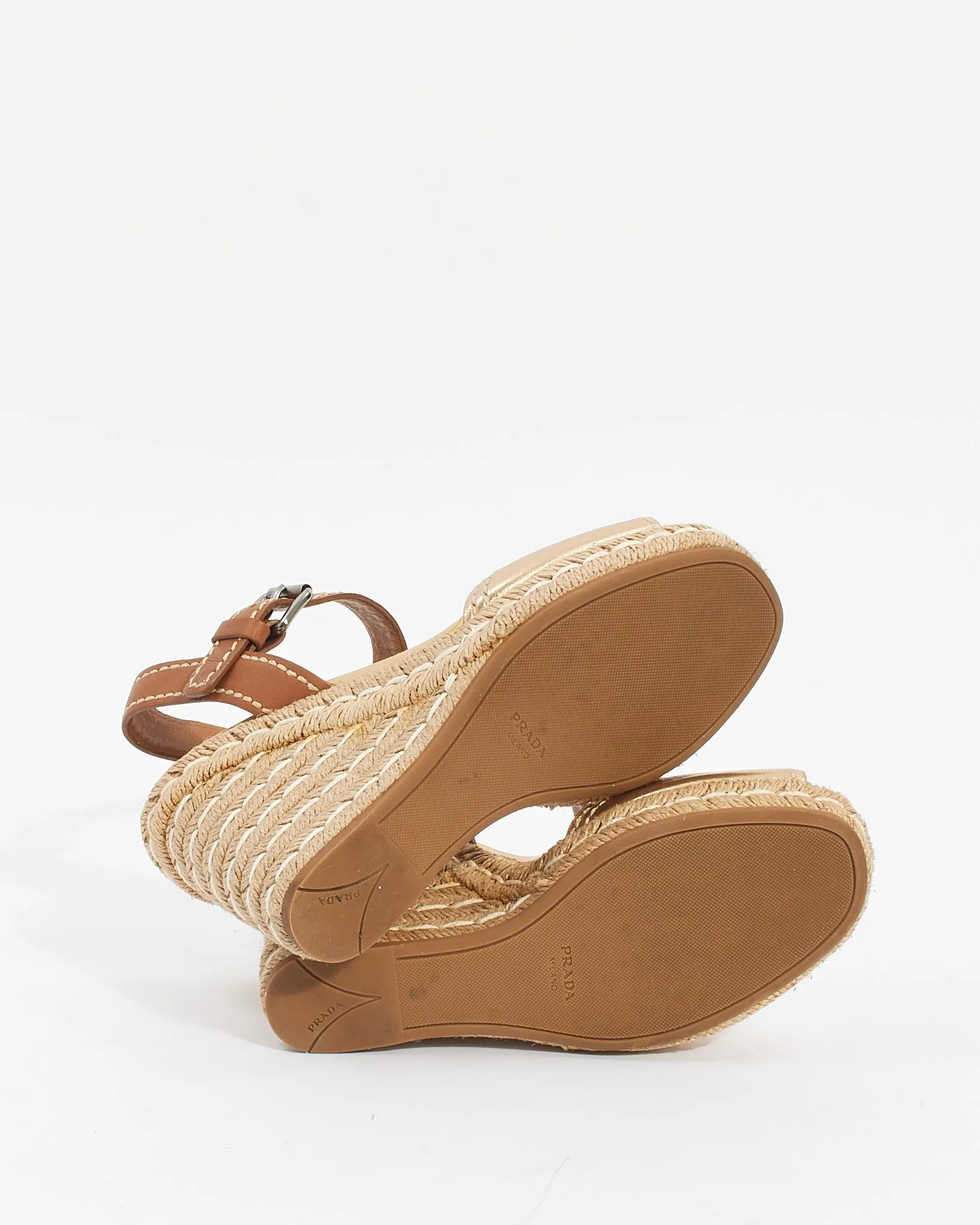 Prada Gold Leather Calzature Donna Espadrille Wedges - 37