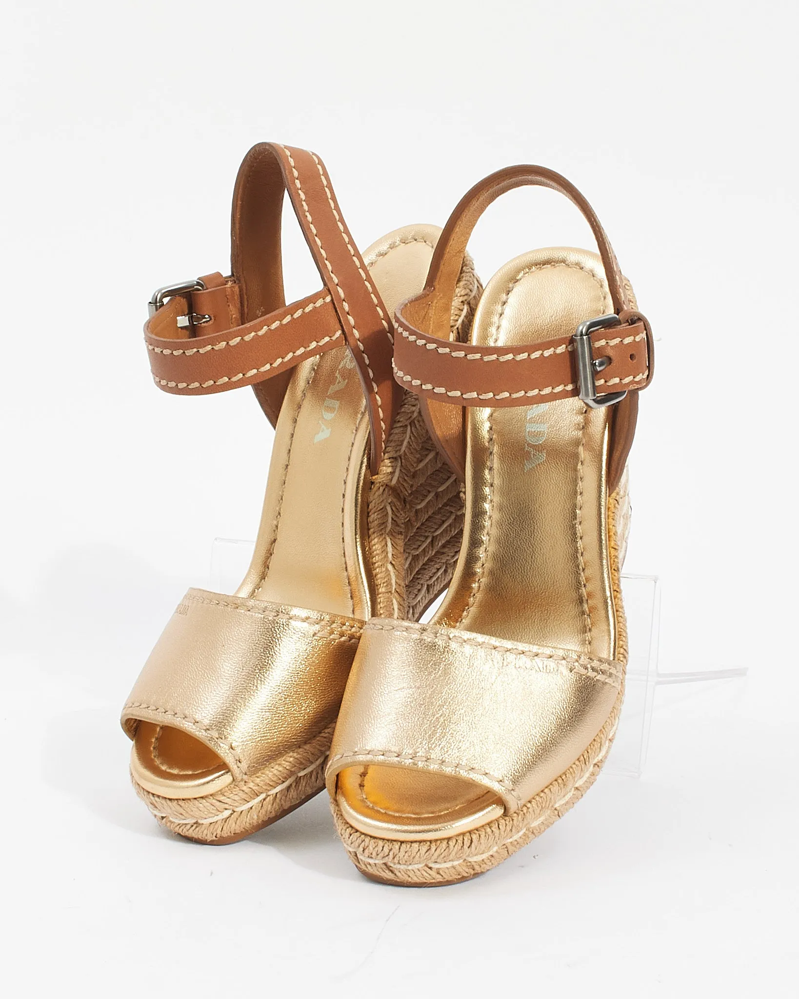 Prada Gold Leather Calzature Donna Espadrille Wedges - 37