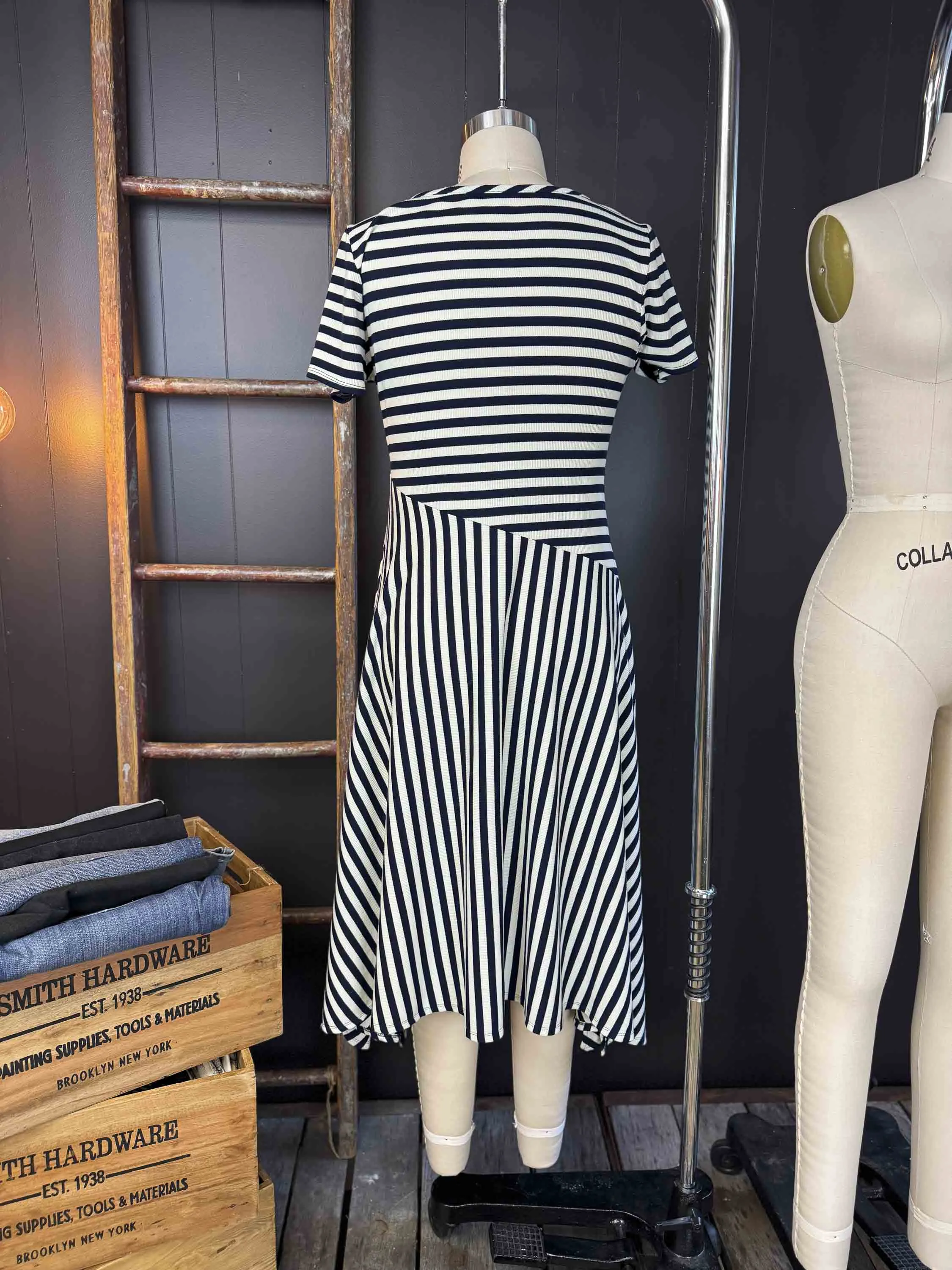Pre-loved Black and White Striped Rib Knit Dress - Size M