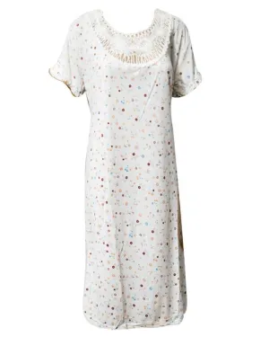 Printed White Long Nighty With Brown Dotted 111.3 -  Women Nightdress