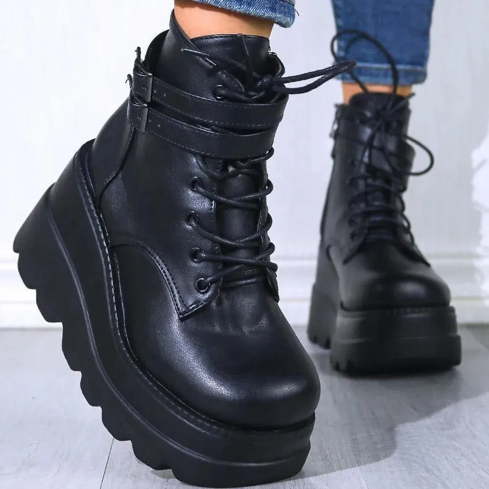 PU Leather Lace-Up Wedge Boots