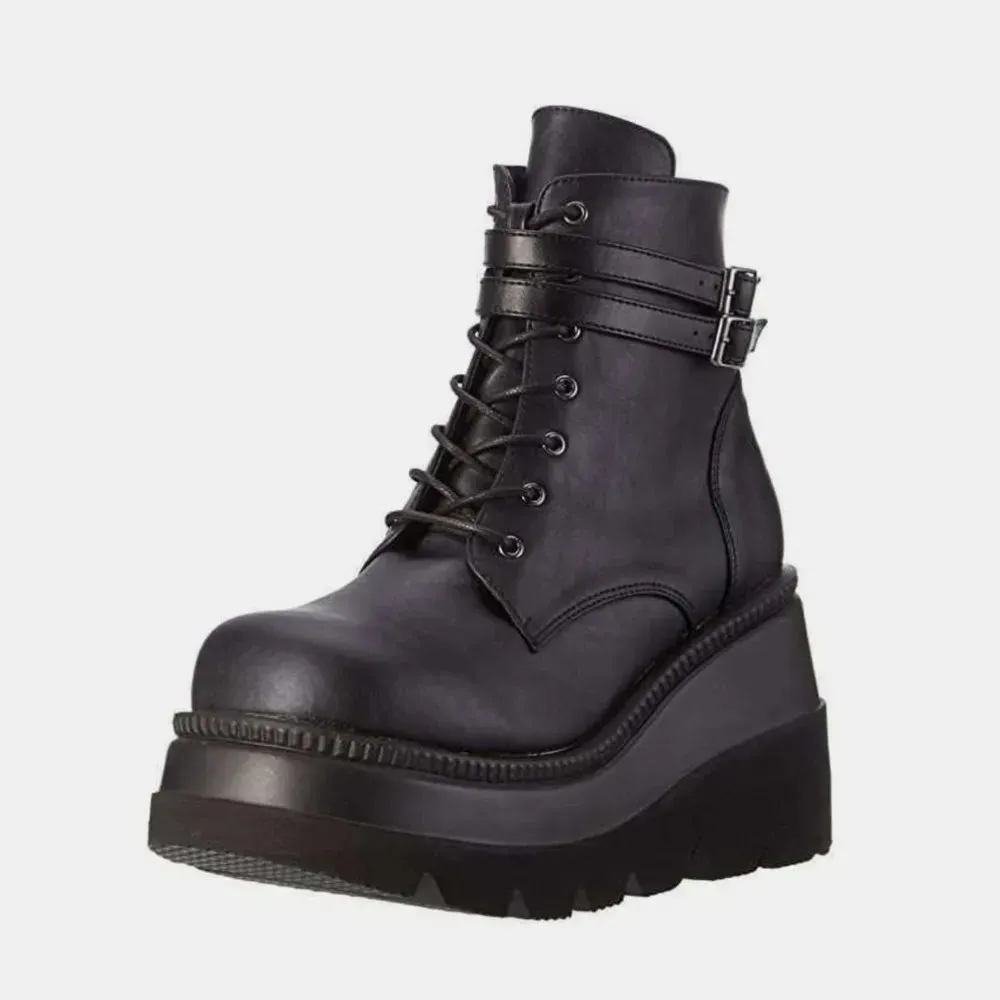 PU Leather Lace-Up Wedge Boots