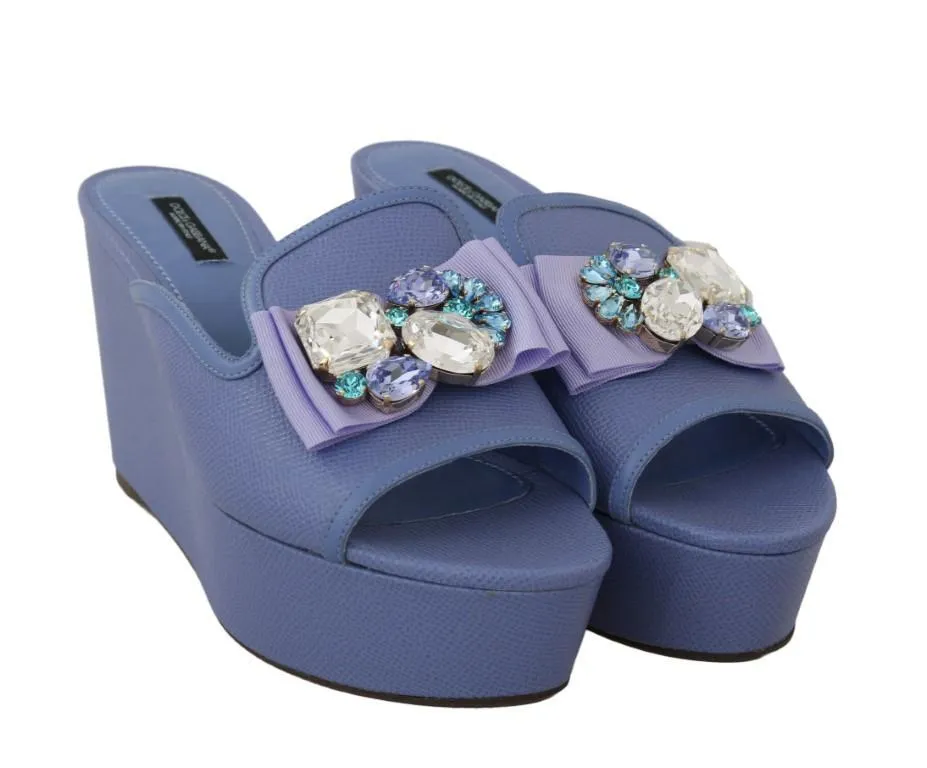 Purple Leather Crystal Wedge Slides
