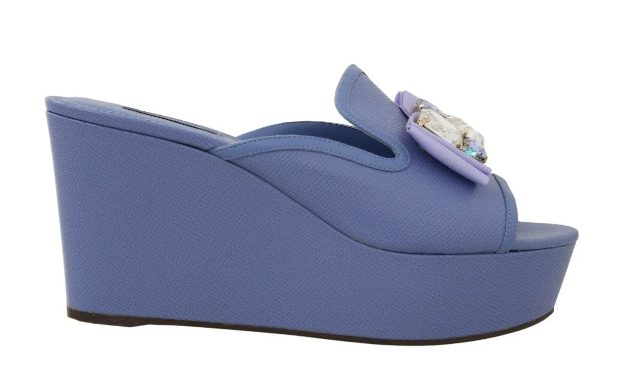 Purple Leather Crystal Wedge Slides