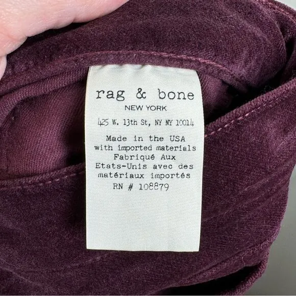 Rag &amp; Bone Burgundy Purple Velvet Skinny Jeans Jewel Tone Women’s Size 29