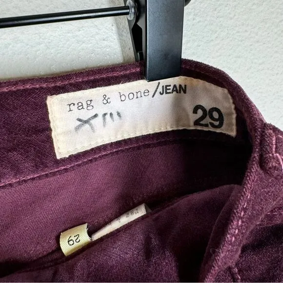 Rag &amp; Bone Burgundy Purple Velvet Skinny Jeans Jewel Tone Women’s Size 29