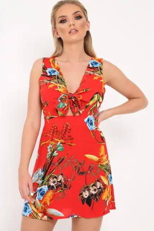 Red Floral Tie Front Dress -  Daylen