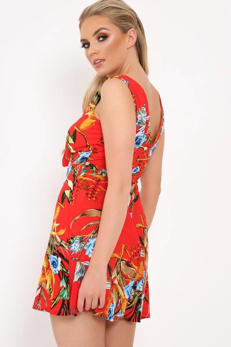 Red Floral Tie Front Dress -  Daylen