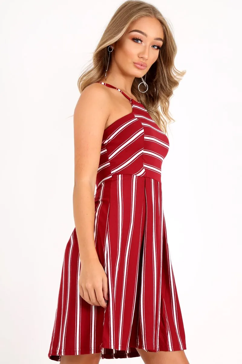 Red Stripe Multi Strap Skater Dress - Kadince