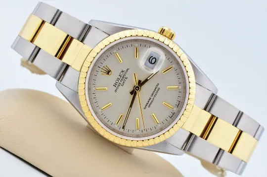 RESERVED for ben88brooks Mens Rolex Date Two Tone 18kt Yellow Gold & Stainless Oyster Band 18k Bezel Silver Dial 15223 Excellent Condition