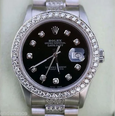 ROLEX DATEJUST 18K GOLD PRESIDENT BAND DIAMONDS BLACK  IMMACULATE WATCH