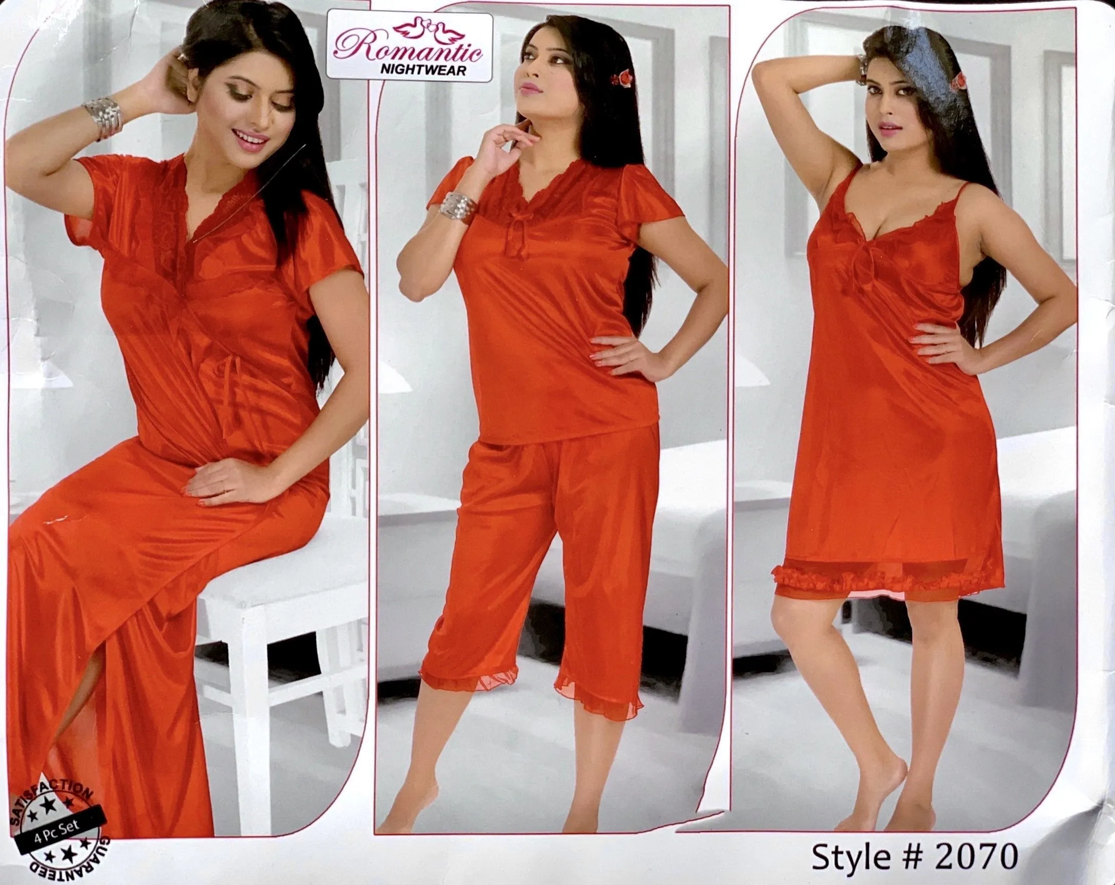 Romantic Nightwear - 4Pcs Bridal Nighty Sets - 2070 - Short Nighty with Gown & Sexy Pajama Set