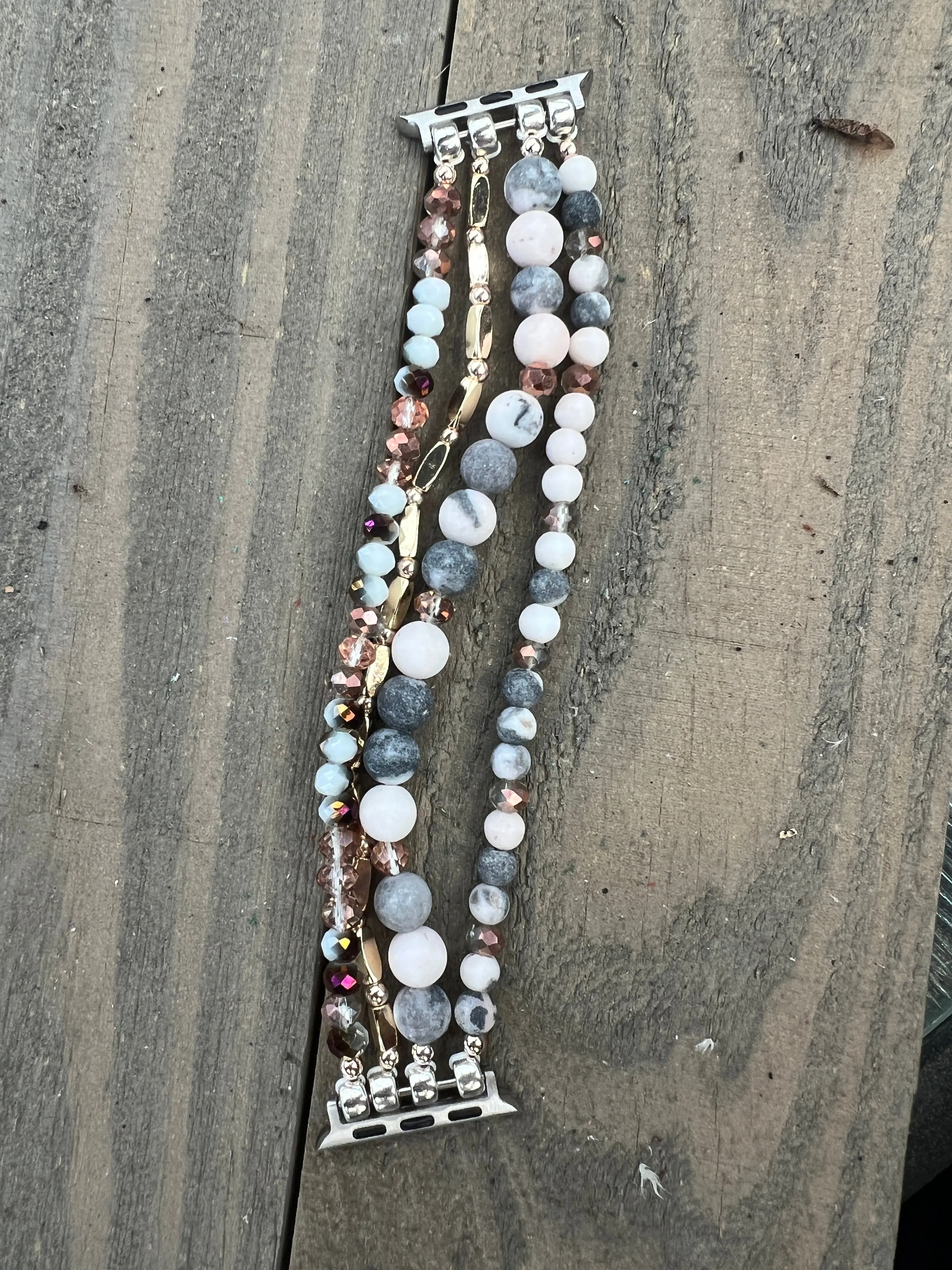 Rose Gold Grey Jasper Beaded Stretch Smart Watch Band