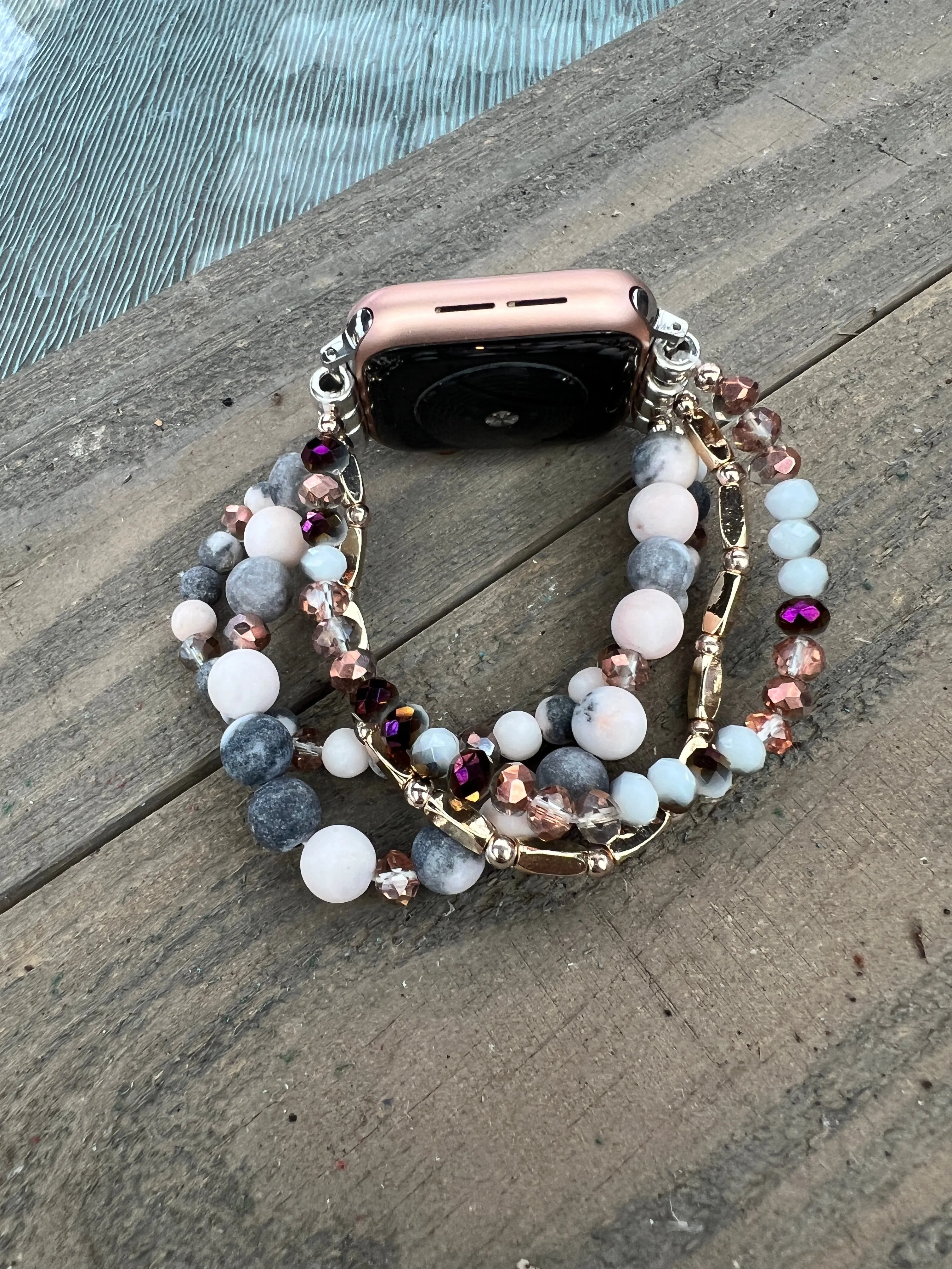 Rose Gold Grey Jasper Beaded Stretch Smart Watch Band