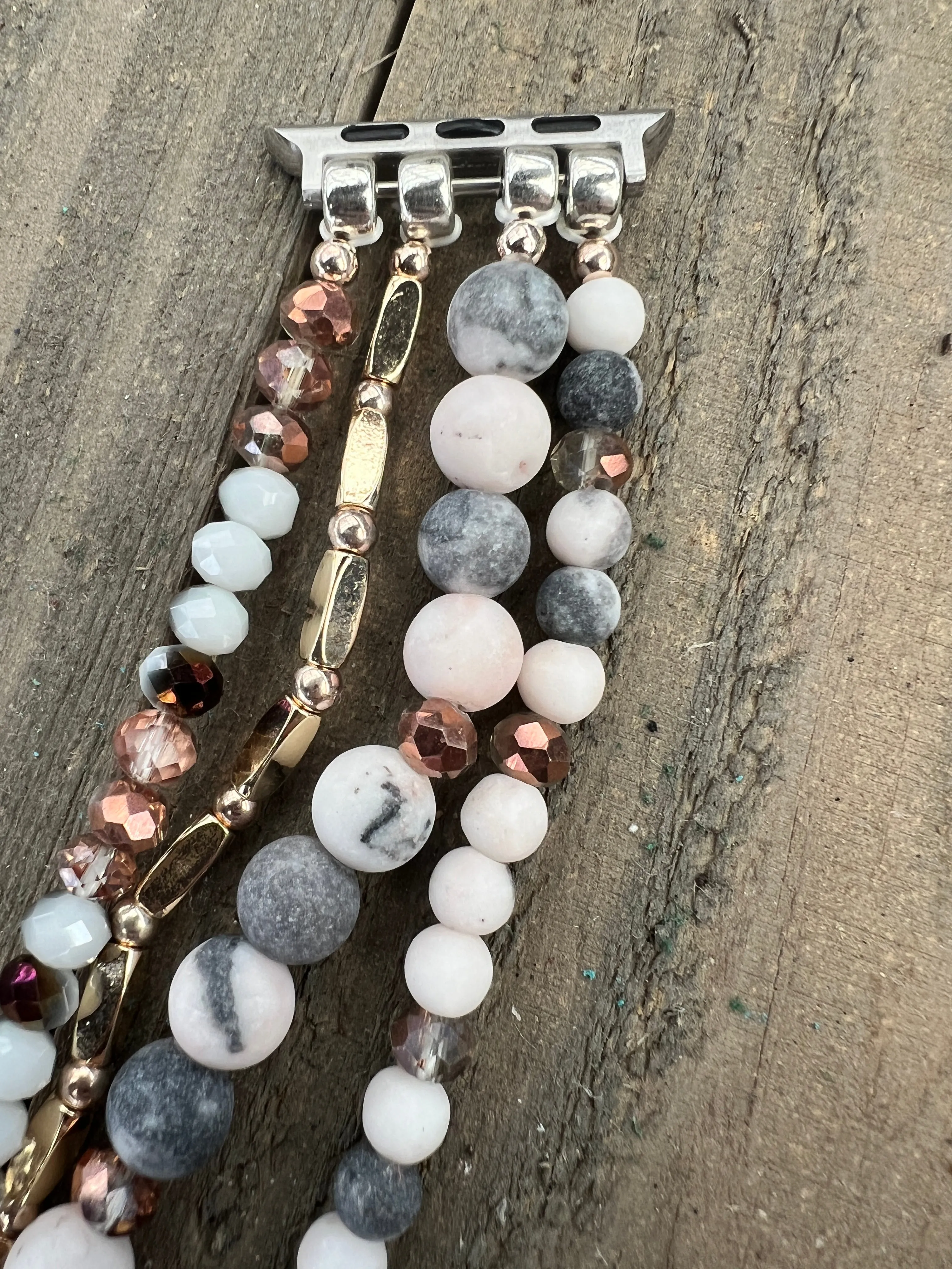 Rose Gold Grey Jasper Beaded Stretch Smart Watch Band