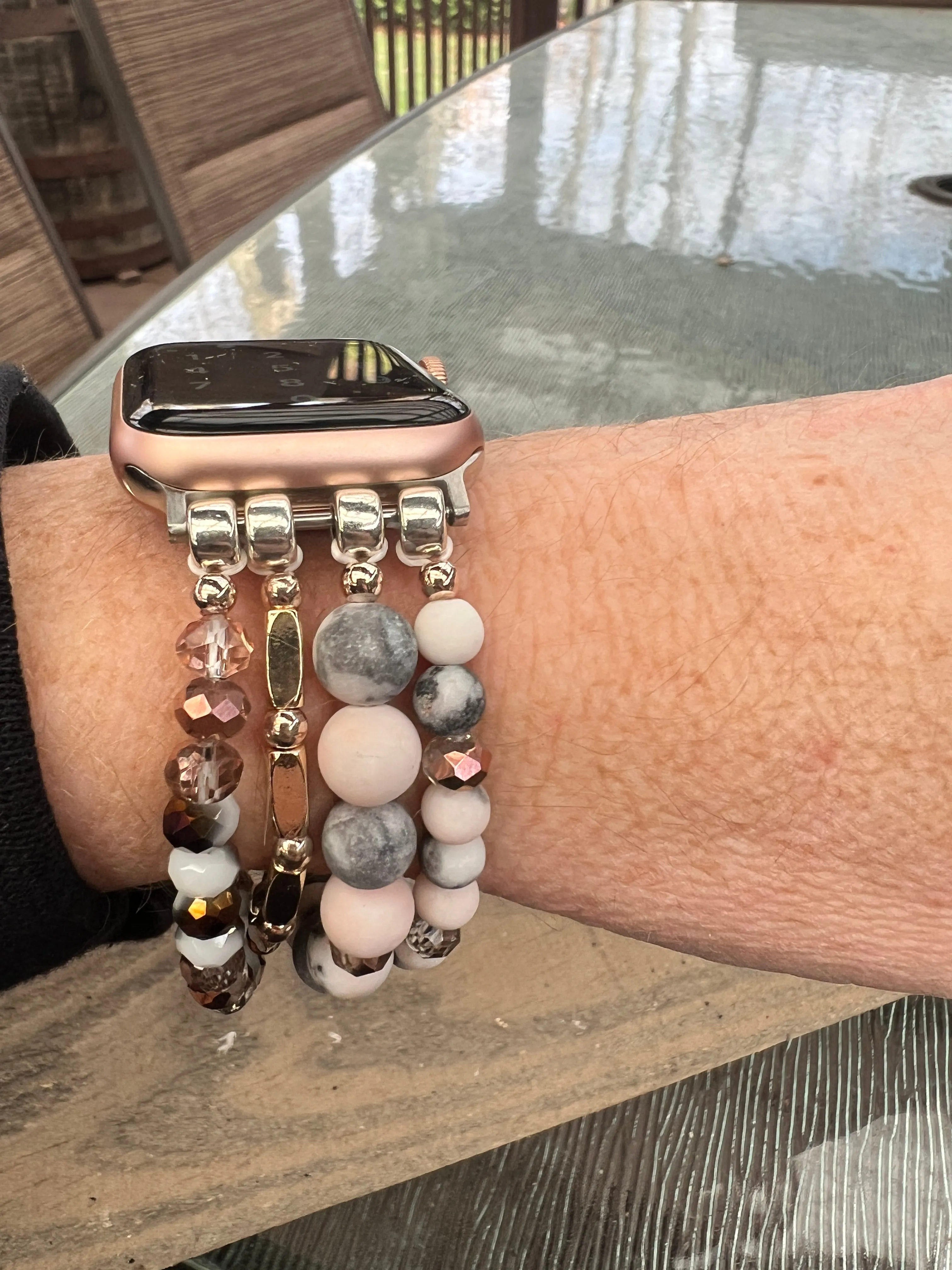 Rose Gold Grey Jasper Beaded Stretch Smart Watch Band