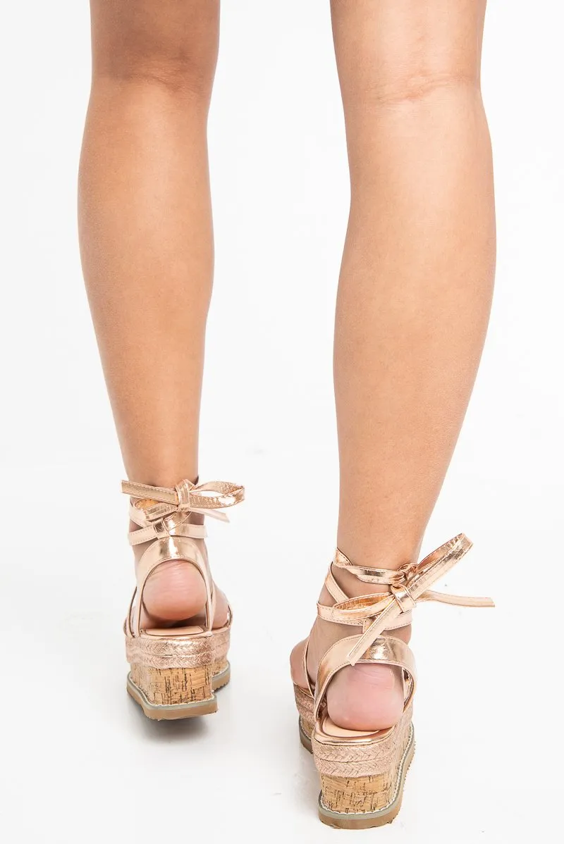 Rose Gold Metallic Lace Up Platform Wedges - Camara