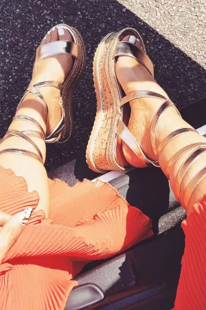 Rose Gold Metallic Lace Up Platform Wedges - Camara