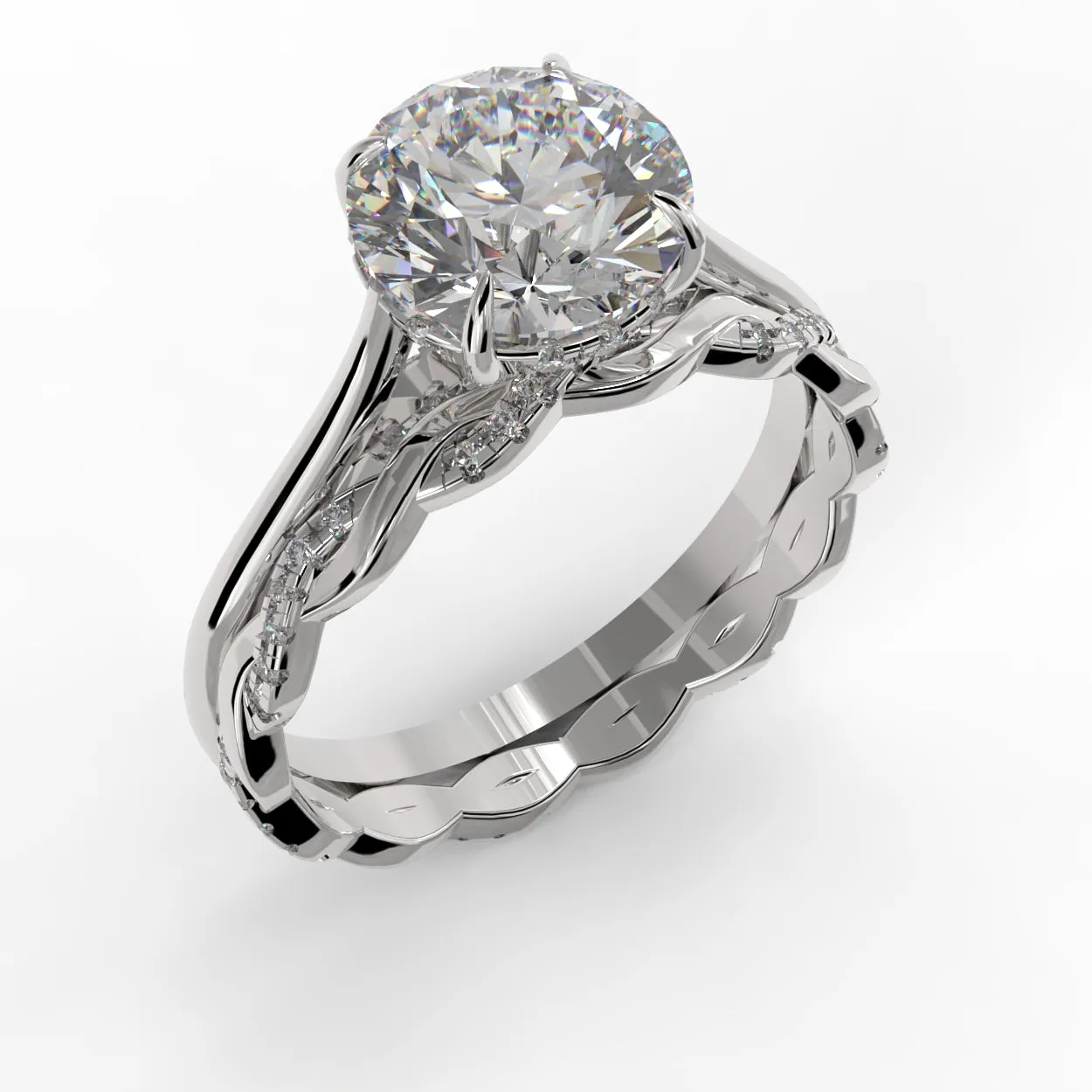 Round Brilliant Cut Hidden Halo Pave Cathedral Engagement Ring Bridal Set - 405