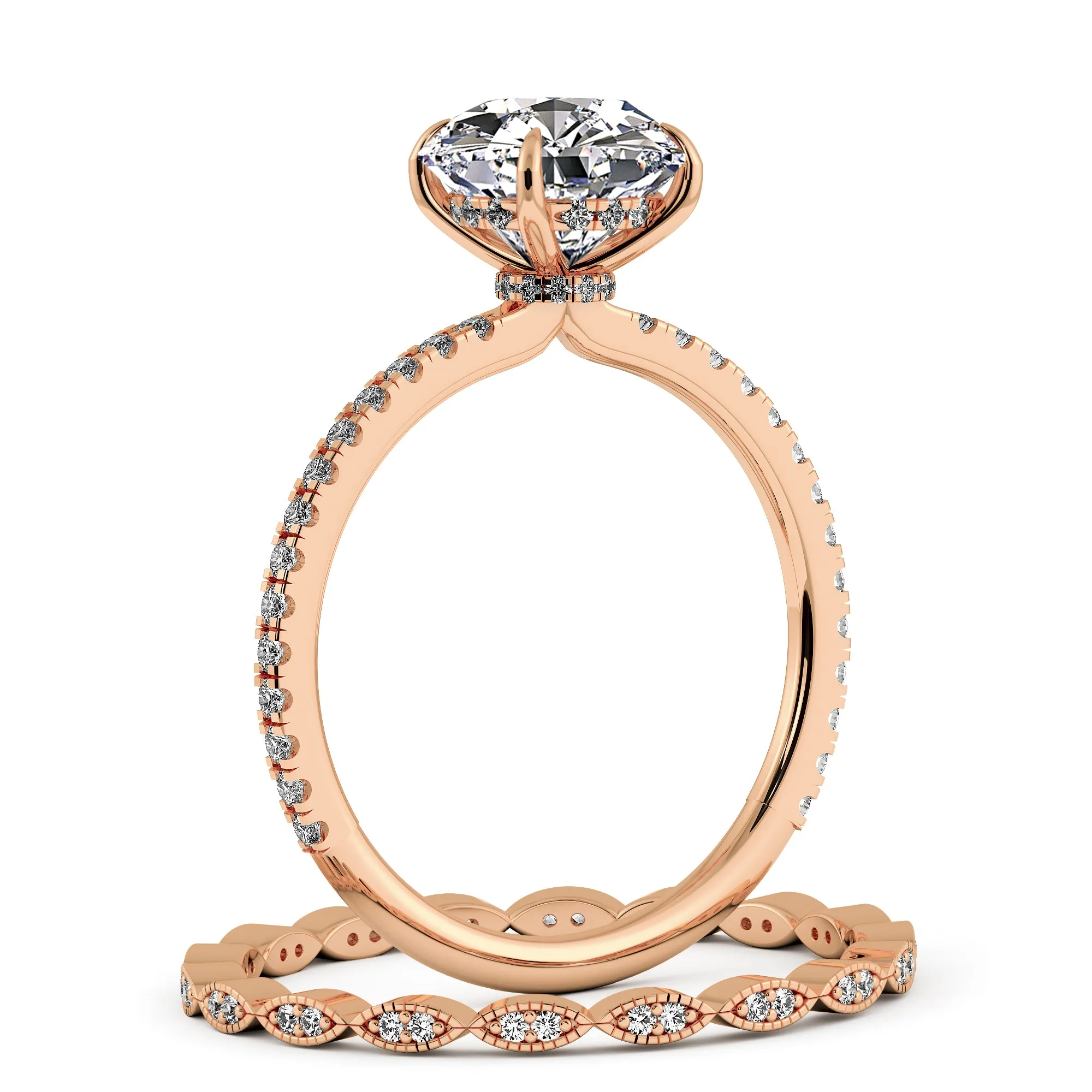 Round Brilliant Cut Hidden Halo Pave Engagement Ring Bridal Set - 402