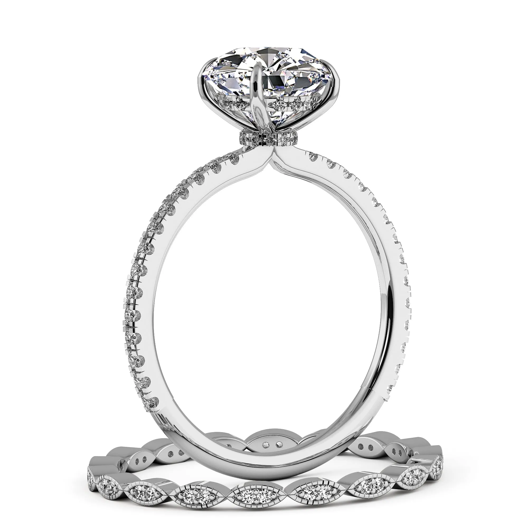 Round Brilliant Cut Hidden Halo Pave Engagement Ring Bridal Set - 402