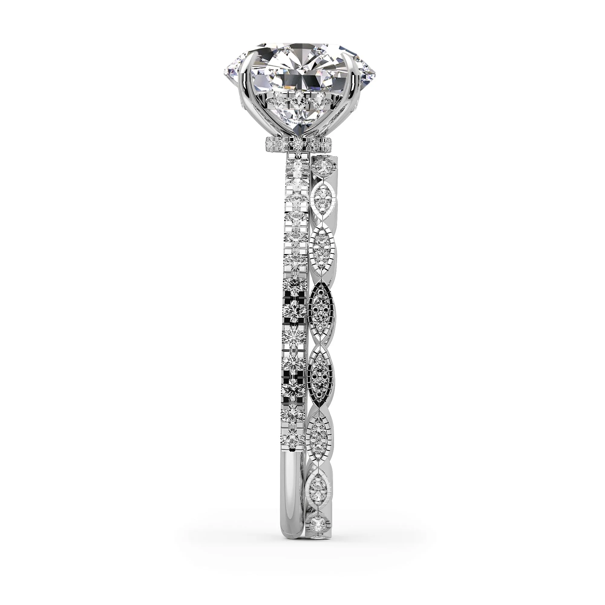 Round Brilliant Cut Hidden Halo Pave Engagement Ring Bridal Set - 402
