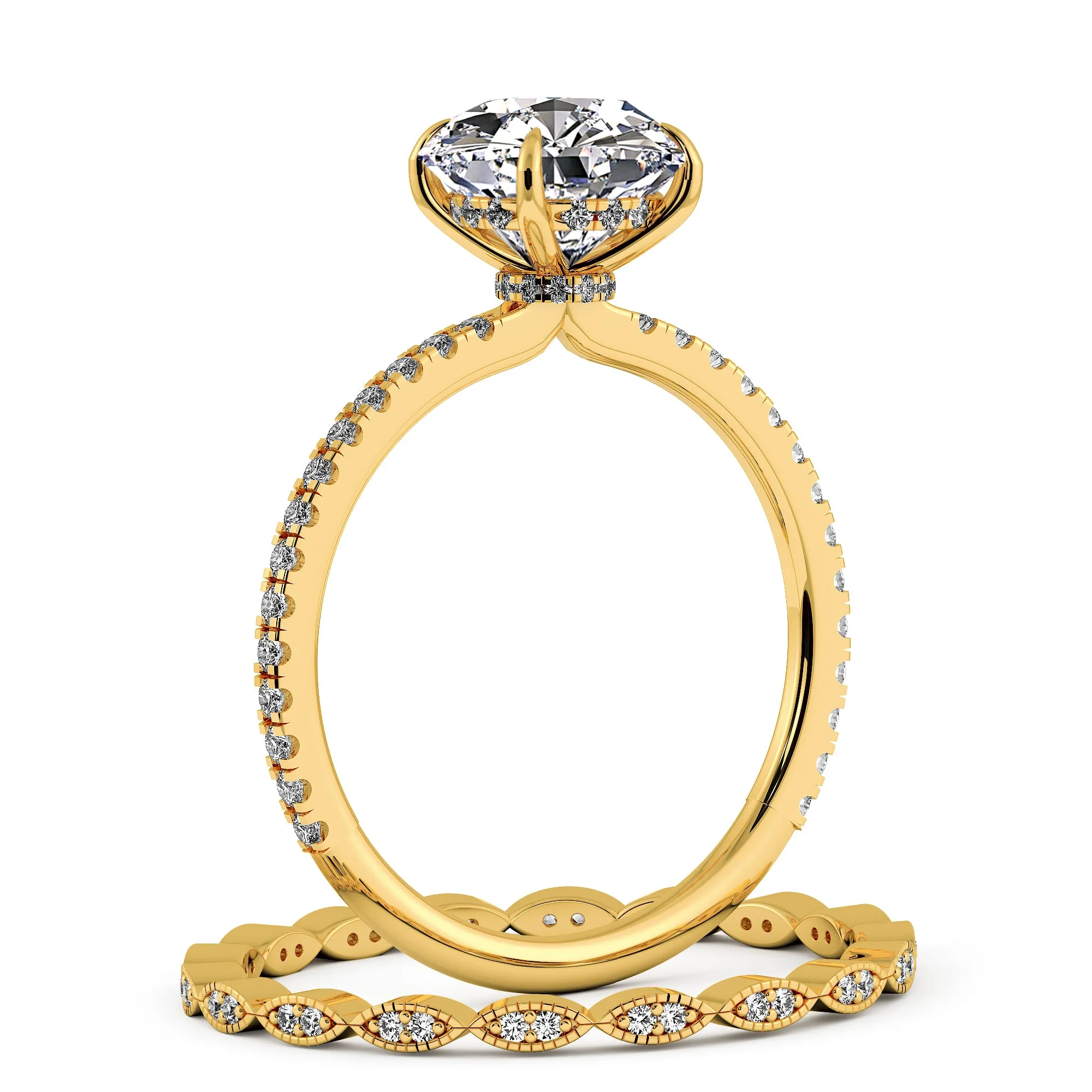 Round Brilliant Cut Hidden Halo Pave Engagement Ring Bridal Set - 402