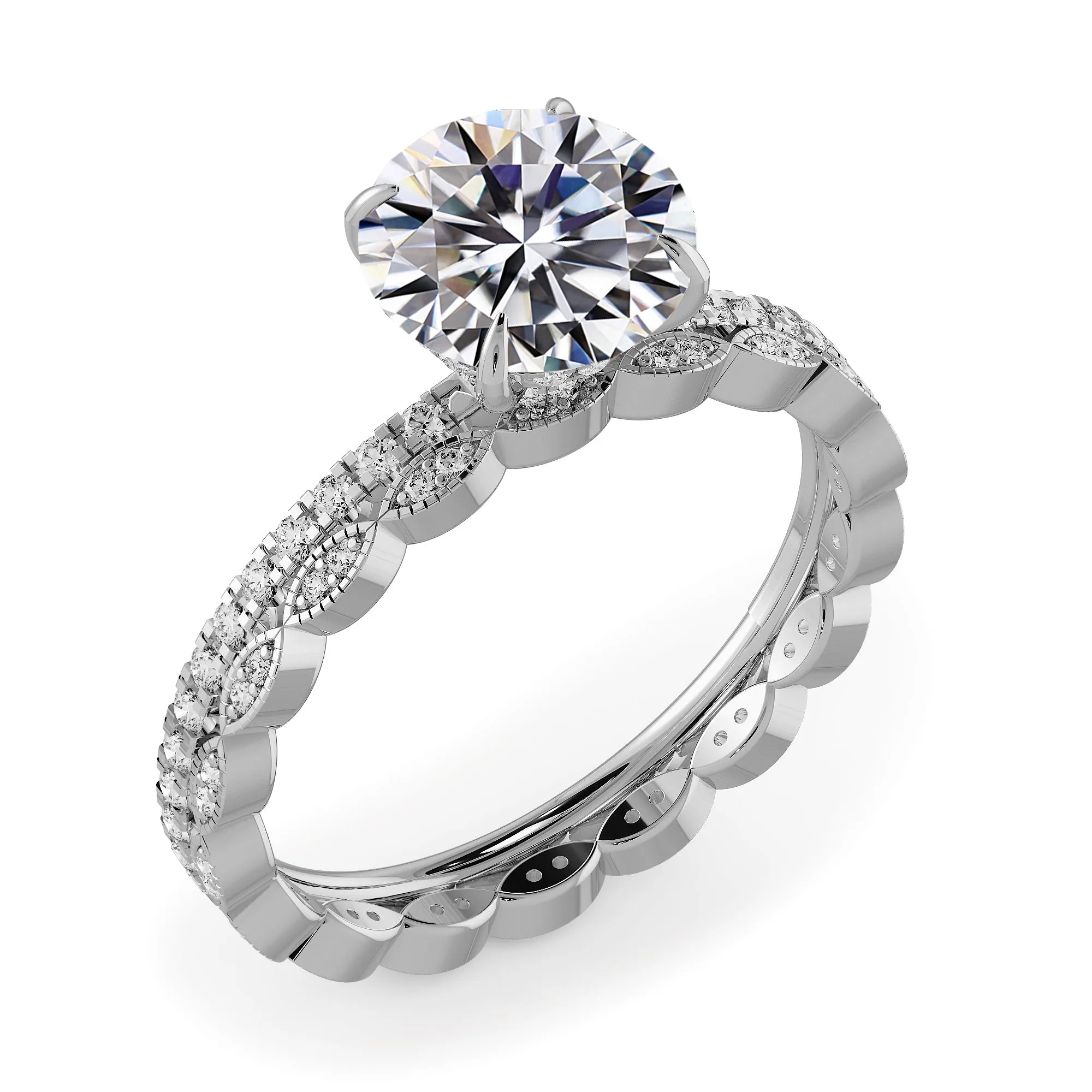 Round Brilliant Cut Hidden Halo Pave Engagement Ring Bridal Set - 402