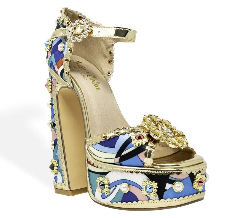ROYAL-1  Blue Gold Platform Heel Multi Print Satin and Gold Faux Leather Trim
