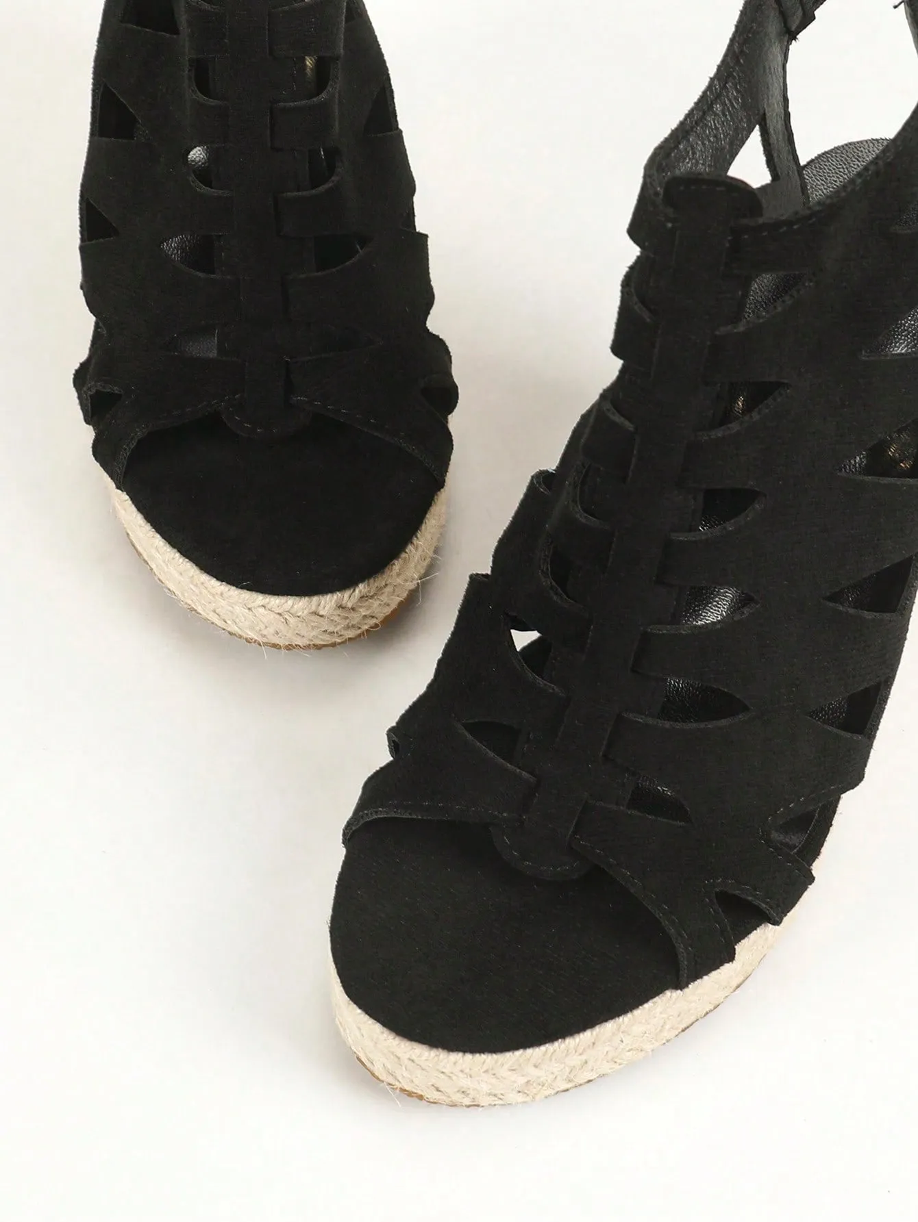 's Wedge Heeled & Thick Bottomed Rope Sole Open Toe Laser Cut Fish Mouth Sandals