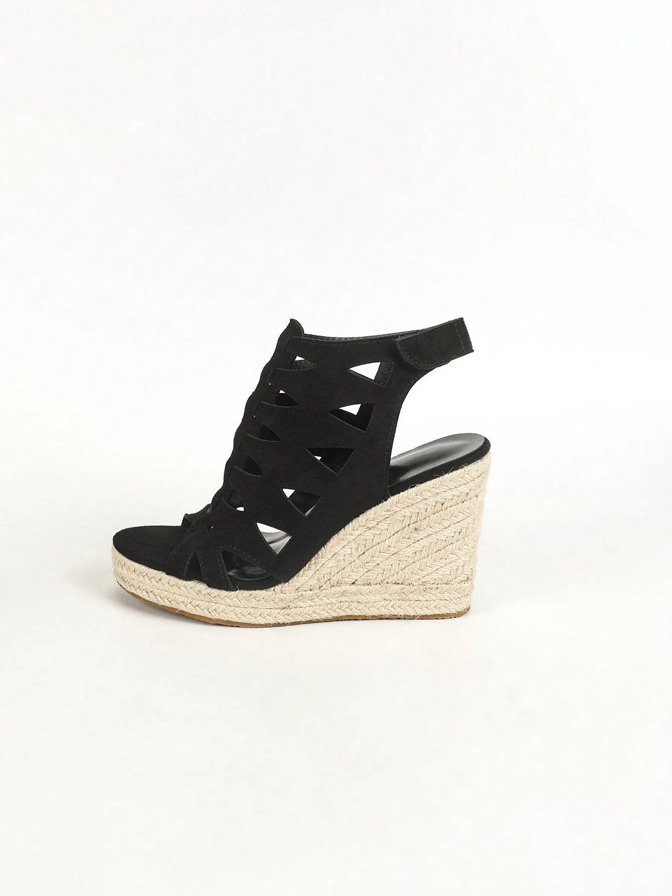 's Wedge Heeled & Thick Bottomed Rope Sole Open Toe Laser Cut Fish Mouth Sandals