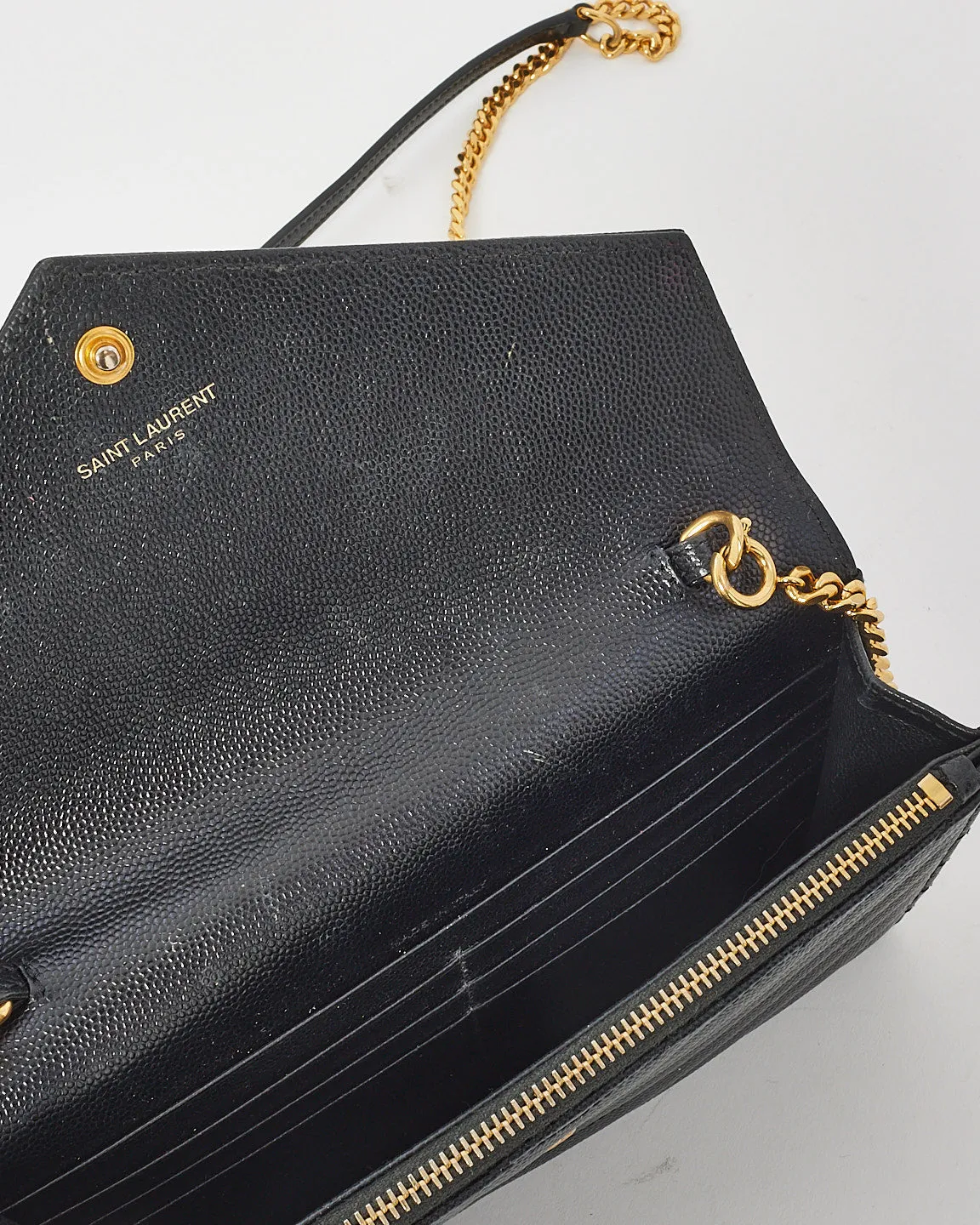 Saint Laurent Black Chevron Grained Leather Envelope Wallet On Chain