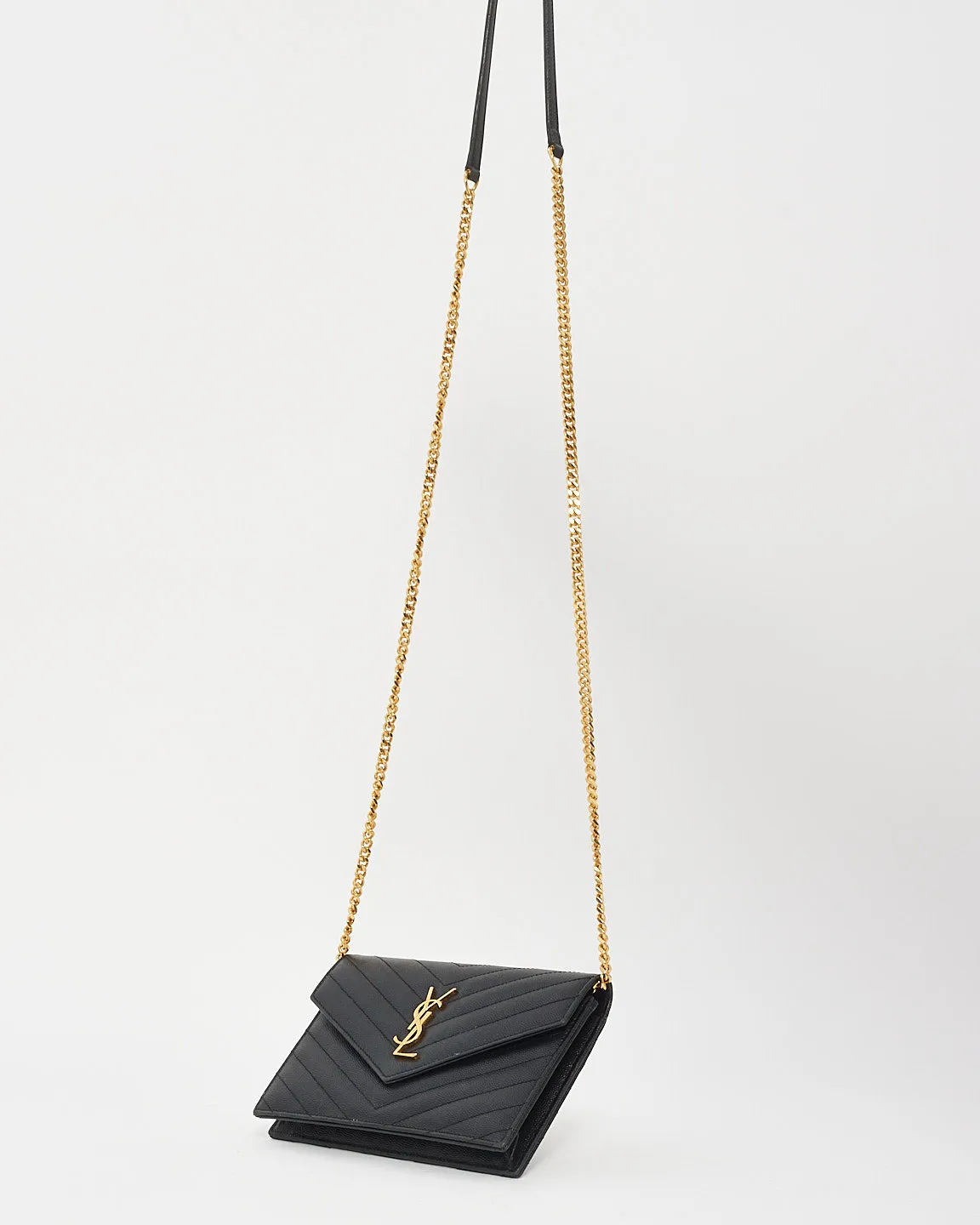 Saint Laurent Black Chevron Grained Leather Envelope Wallet On Chain