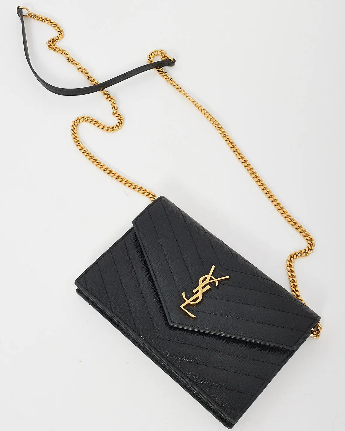 Saint Laurent Black Chevron Grained Leather Envelope Wallet On Chain