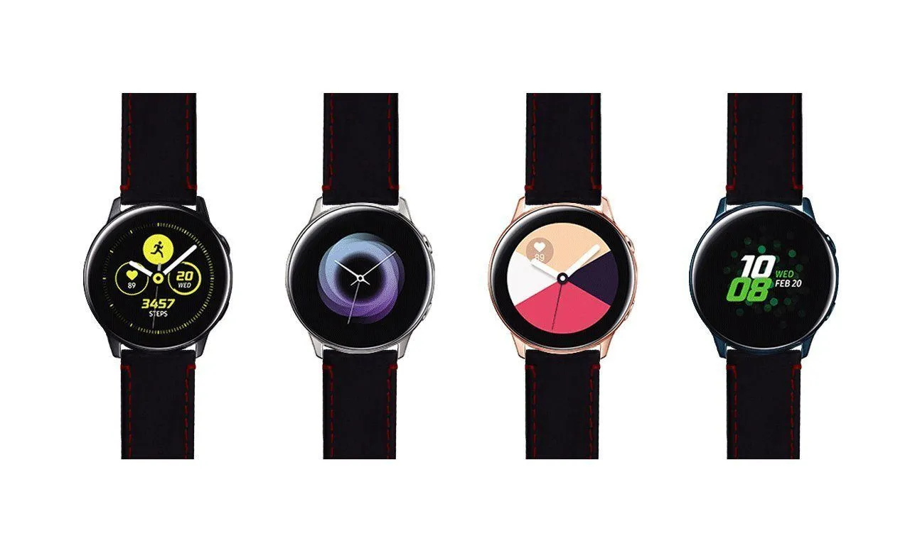 Samsung Galaxy Watch Active Black Leather Crimson Red Stitching Watch Band