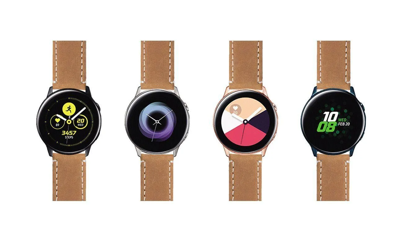 Samsung Galaxy Watch Active Gingerbread Brown Leather Linen White Stitching Watch Band