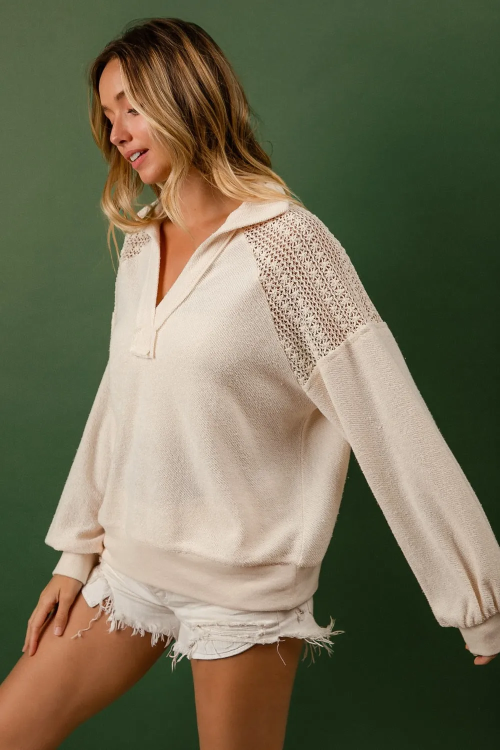 Sasha French Terry Lace Shoulder Top