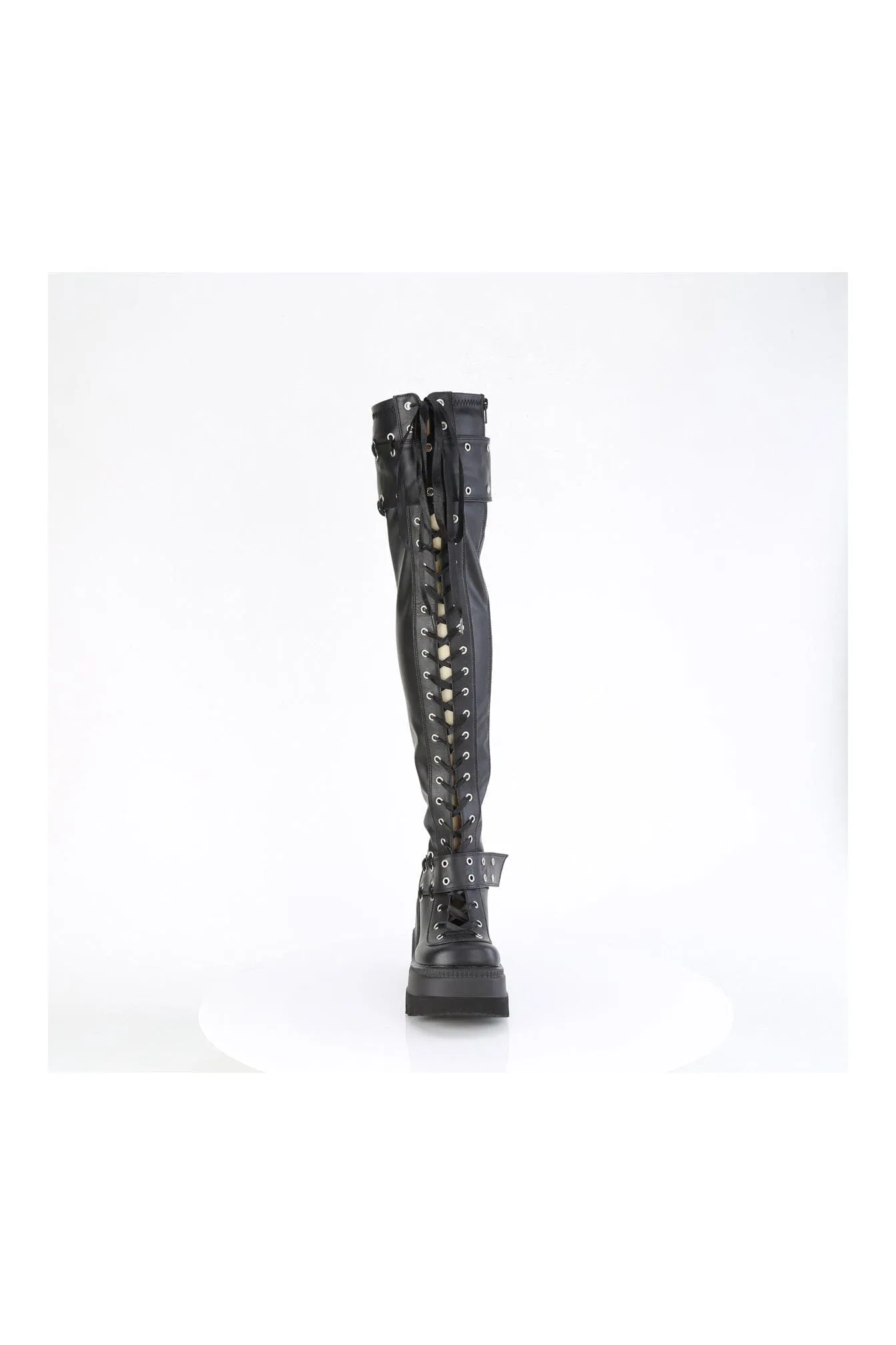 SHAKER-325 Black Vegan Leather Thigh Boot
