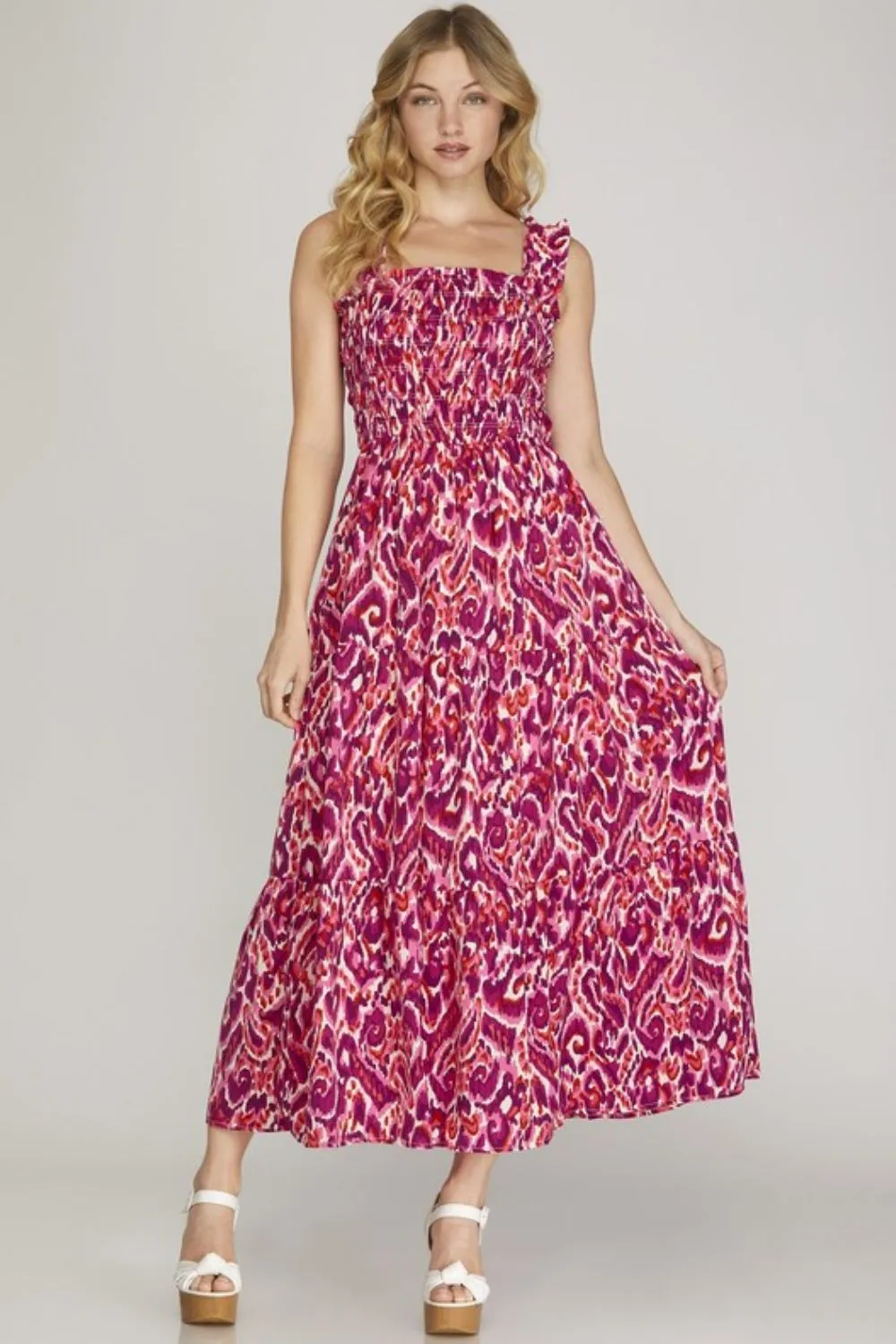 She   Sky Full Size Smocked Printed Wide Strap Tiered Dress Plus Size