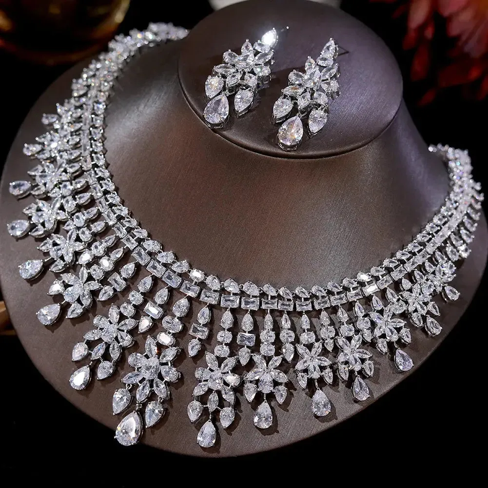Shiny CZ Bridal Necklace Luxury Wedding 2pcs Jewelry Sets for Women