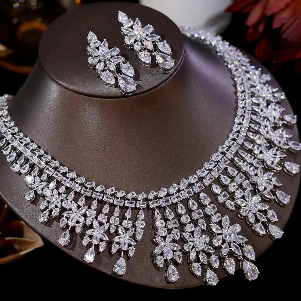 Shiny CZ Bridal Necklace Luxury Wedding 2pcs Jewelry Sets for Women