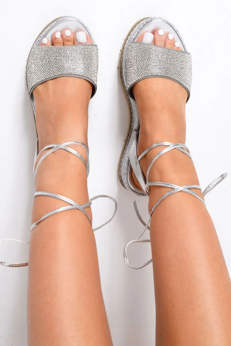 Silver Diamante Lace Up Flatform Sandals - Abryella