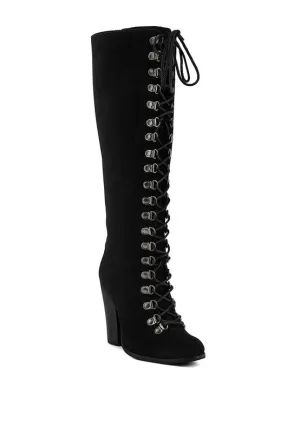 Size US 7 Black Antique Eyelet Block Heel Lace Up Calf Boot