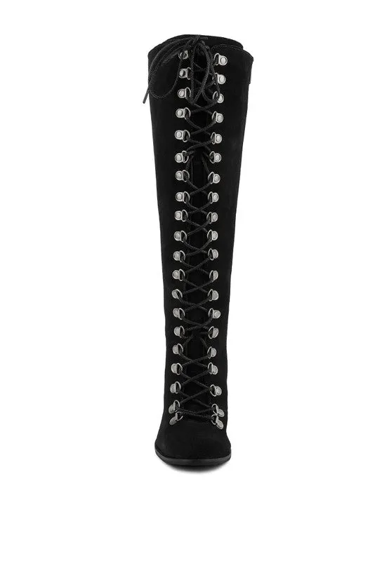 Size US 7 Black Antique Eyelet Block Heel Lace Up Calf Boot