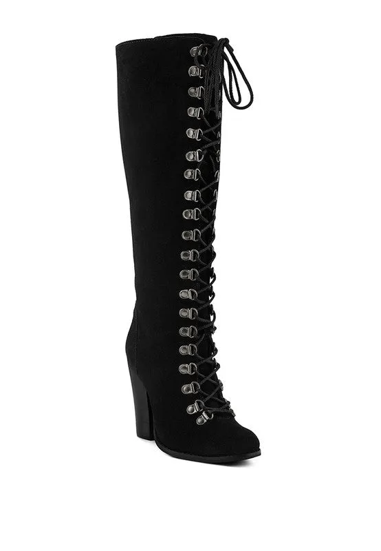 Size US 7 Black Antique Eyelet Block Heel Lace Up Calf Boot