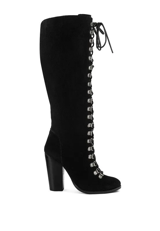Size US 7 Black Antique Eyelet Block Heel Lace Up Calf Boot