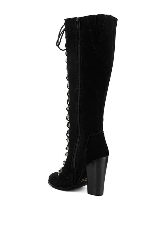Size US 7 Black Antique Eyelet Block Heel Lace Up Calf Boot