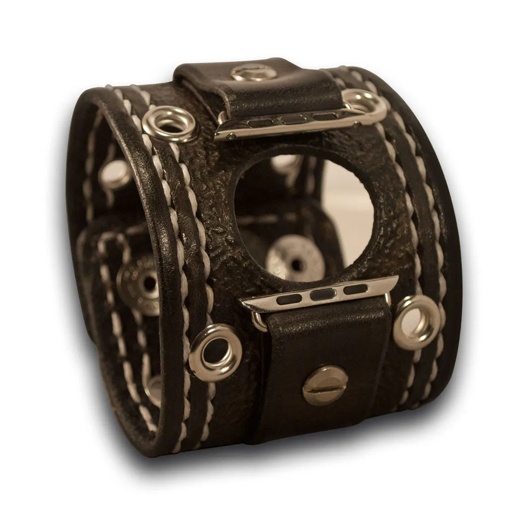Slate Apple Leather Cuff Watch Band with Roped Cross Snaps & Eyelets