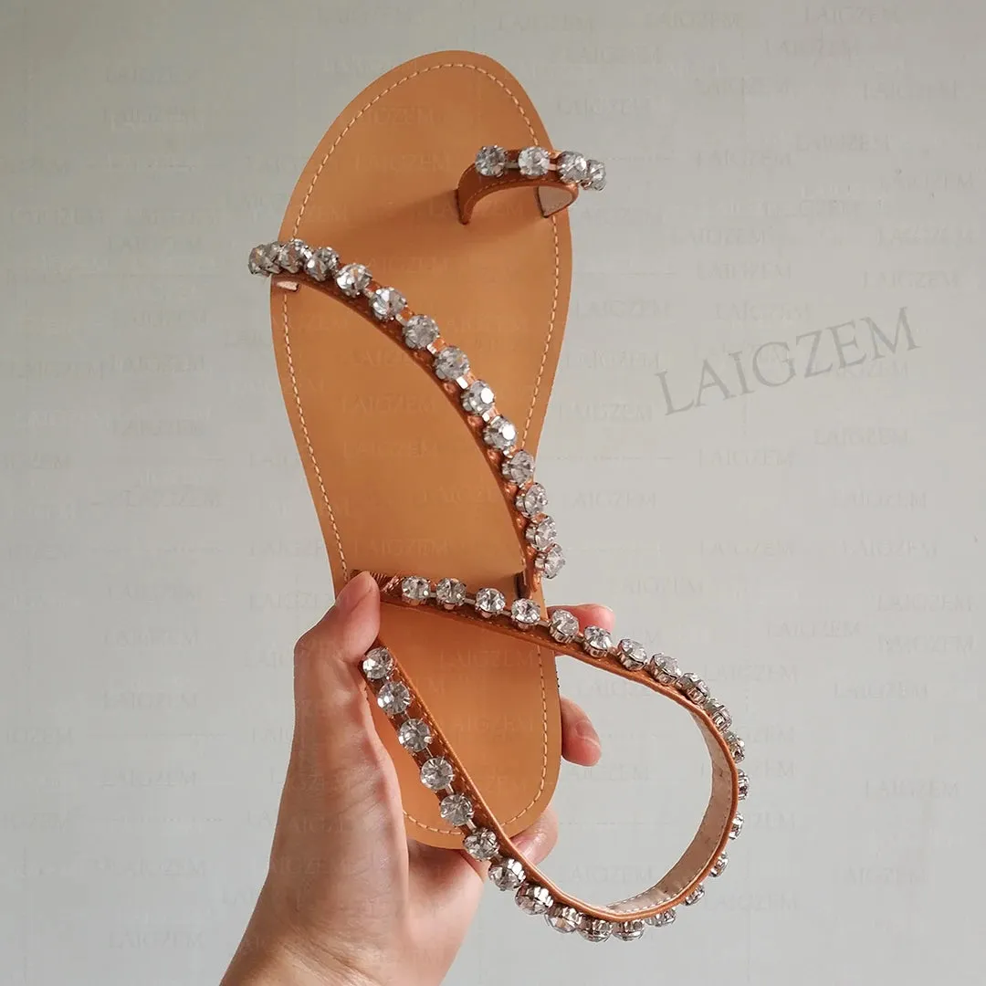 Slip On Crystal Straps Flat Heels Pumps Beach Ladies Flip Flop Summer Shoes